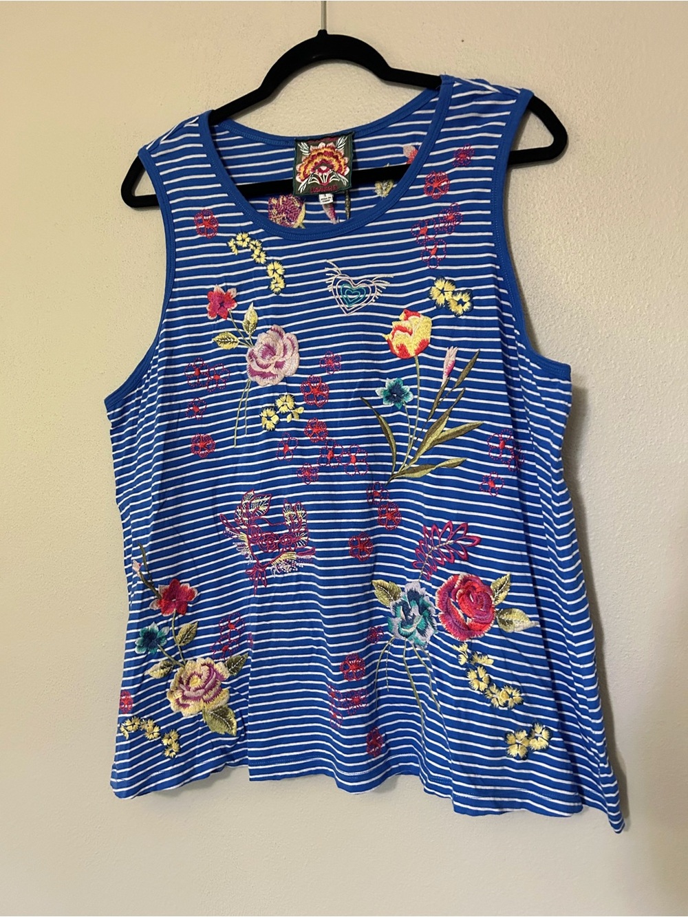 Blue Striped Boho Floral Embroidered Tank Top by Johnny Was